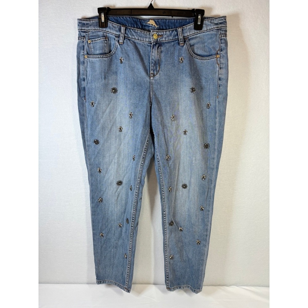 Tommy Bahama Women 16 Light Wash Embellished Rhinestone Flower Tapered Leg Jeans